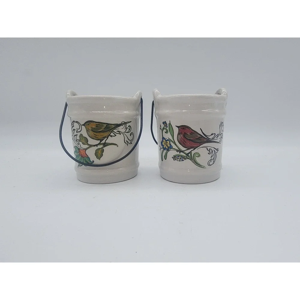 Set of 2 Ceramic Bird Votive Candle Holders with Wire Handles Hand Painted